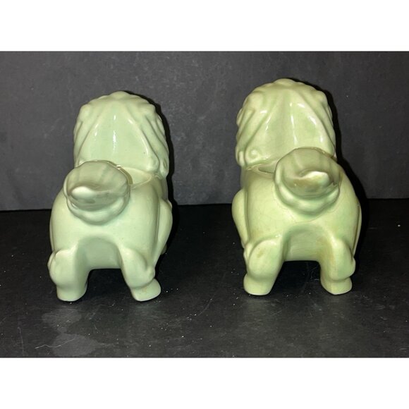 Pair MCM Oriental Foo Dog Tealight Candle Holders Khara Lions Vtg Green Asian - Picture 3 of 10